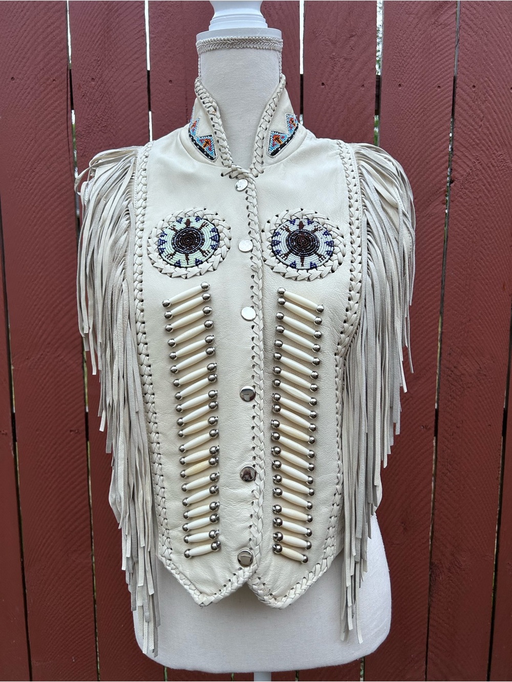 Ivory Fringe Leather Vest with Beaded Accents
